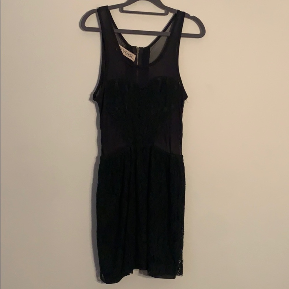 Sleeveless sheer black mesh mini dress